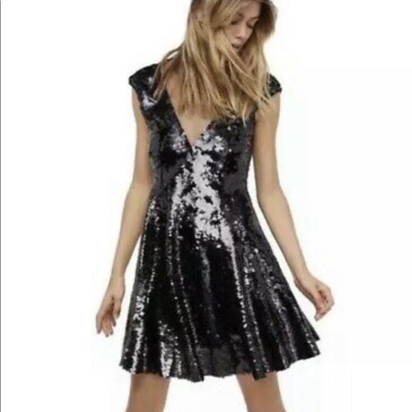 free people dance til dawn sequin dress Free People Dance Til Dawn Black Sequin Fit Flare Illusion Lined Dress XS NWT